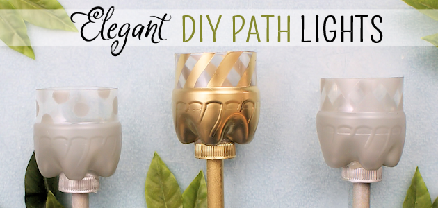 Make your outdoor pathways shine and glimmer with these elegant gold and silver path lights made from soda bottles, dowels and battery operated tea lights.