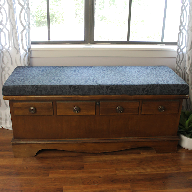 Turn a cedar chest into a window seat by making a removable DIY bench seat for it that attaches with no nails or screws. Also for pets to look out windows.