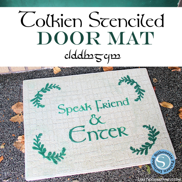 Make a custom door mat with the famous phrase from The Lord of the Rings "Speak, Friend and Enter" using our free stencil templates and some contact paper!