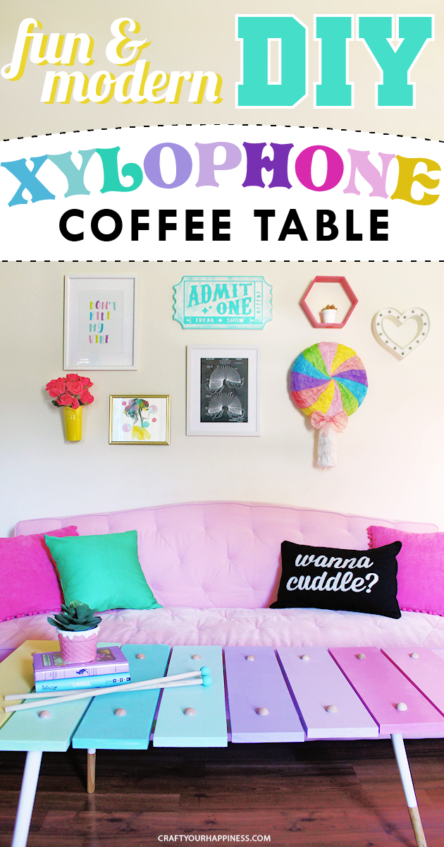 Learn how to make a xylophone DIY coffee table! It’s super fun, cheap, & easy to make & adds a lot of color & whimsy to your space. Printable supply list.