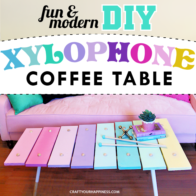 Learn how to make a xylophone DIY coffee table! It’s super fun, cheap, & easy to make & adds a lot of color & whimsy to your space. Printable supply list.