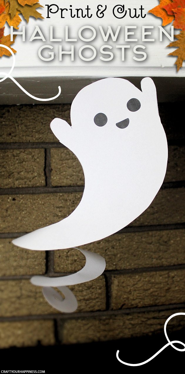 Need quick Halloween decorations? Grab our printables, some scissors or X-acto knife and before you know it you have have a room full of dangling ghosts!