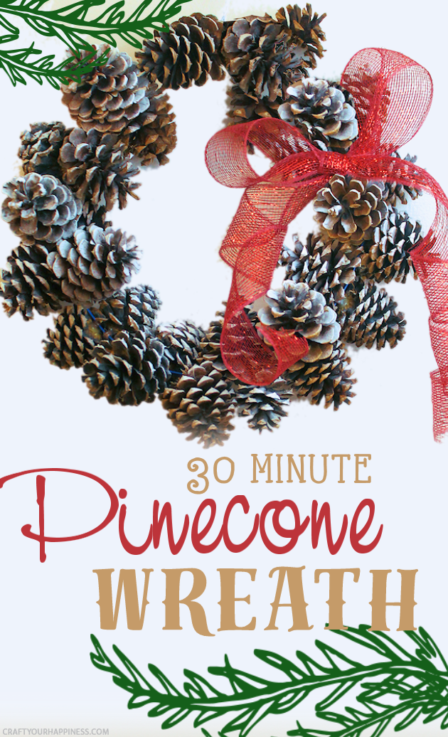 Learn how to make a pinecone wreath in 30 minutes! You can decorate the base wreath however you wish. We used a big red bow. Plus it's an upcycle project!