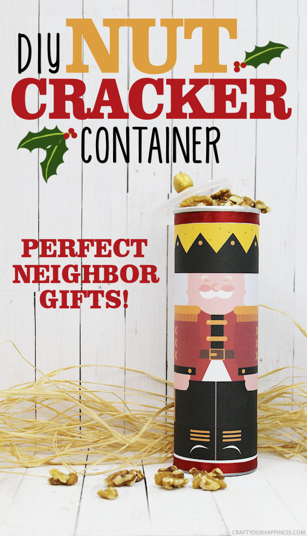 This darling DIY nutcracker container is perfect for neighbor gifts during the Christmas season. Fill it with nuts or anything else! Free printables!