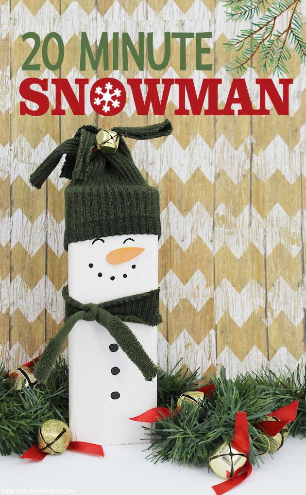 20 minutes is all you need to make this darling little inexpensive wooden snowman Christmas decor. Plus he won't melt! Great project for kids too!