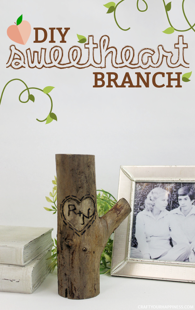 If you're looking for a unique gift idea for couples this darling carved sweetheart branch is perfect and inexpensive. You can make it with a couple of carving tools, which are cheap, and a marker. Or if you happen to own a rotary or Dremel tool and/or a wood burner, you can use those. We show both ways of making it.