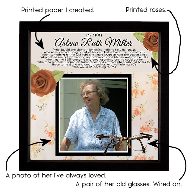 A memory photo box is a wonderful thing to remind us of loved ones and pets who have passed. They can be filled with actual objects that belonged to that person or pet. You can make them as simple or as complex as you wish. Even just a photo with artificial flowers glued on one corner would be beautiful.