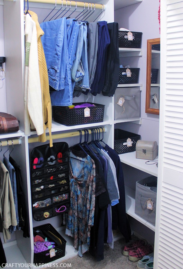 Do you need some closet organizer ideas on a budget? Want to make your closet look special? Look how we fixed up our DIY closet shelving (from our last post) to not only make it hold more, but also look spectacular! Plus, you can download our free printable bin tags.