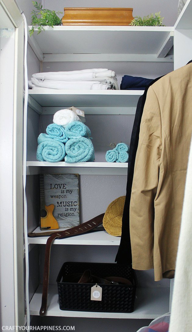 Do you need some closet organizer ideas on a budget? Want to make your closet look special? Look how we fixed up our DIY closet shelving (from our last post) to not only make it hold more, but also look spectacular! Plus, you can download our free printable bin tags.