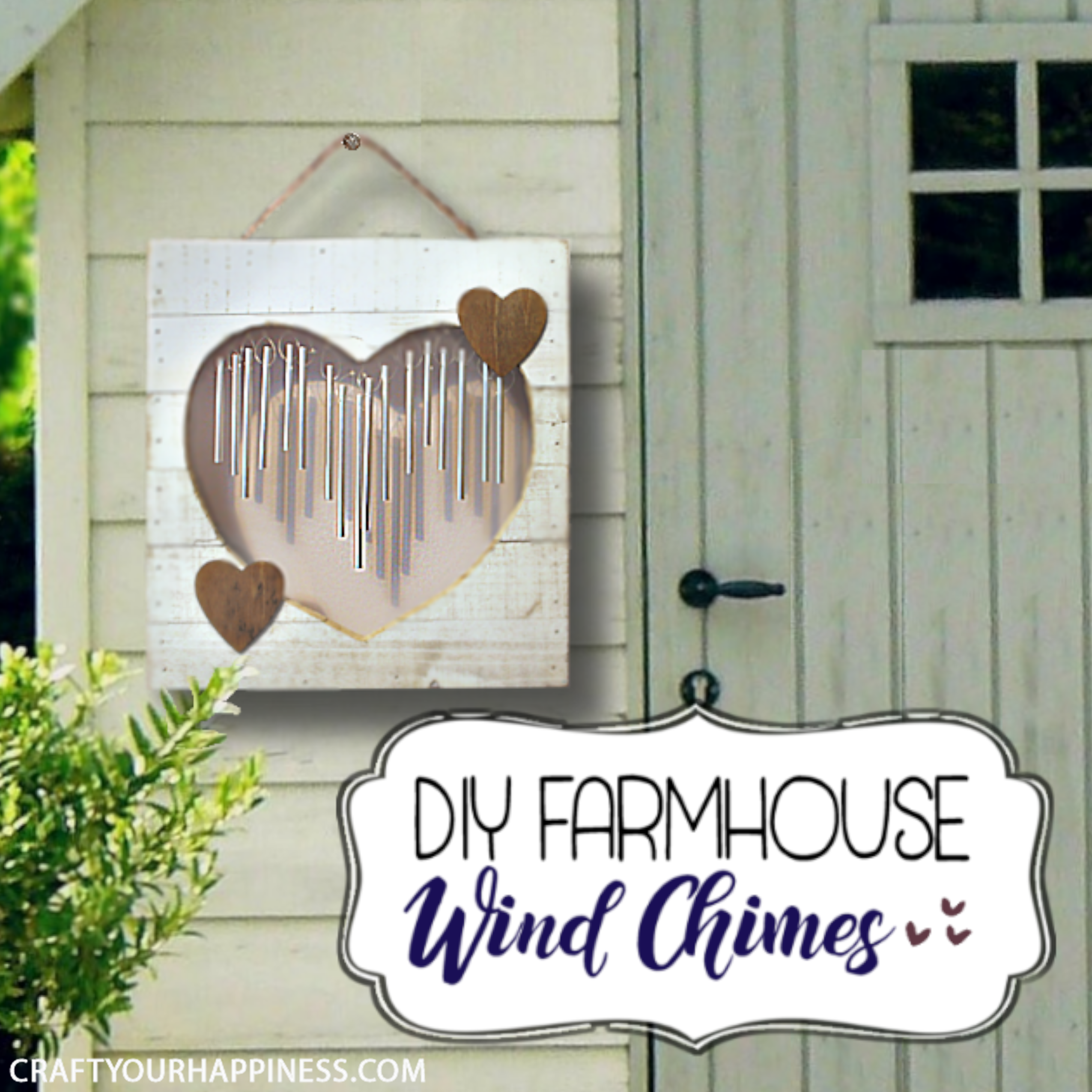 These unique farmhouse style DIY wind chimes can be hung on a wall instead of from the eaves of your porch. It looks beautiful inside or out!