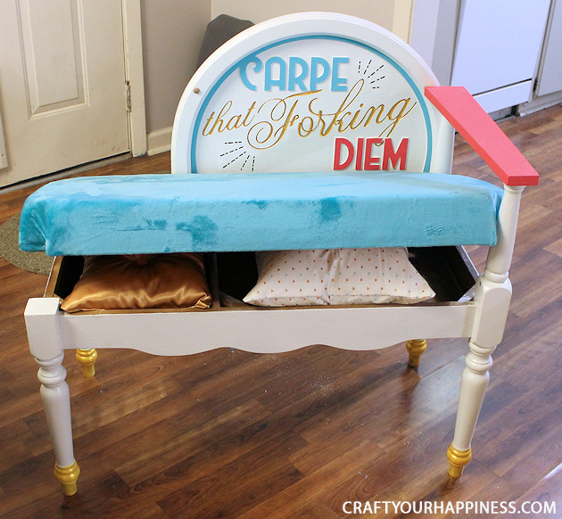 Check out this unique Thrift Store Makeover as we turn an old telephone bench we found for mere dollars into a piece of colorful retro modern furniture.