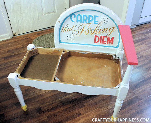 Check out this unique Thrift Store Makeover as we turn an old telephone bench we found for mere dollars into a piece of colorful retro modern furniture.