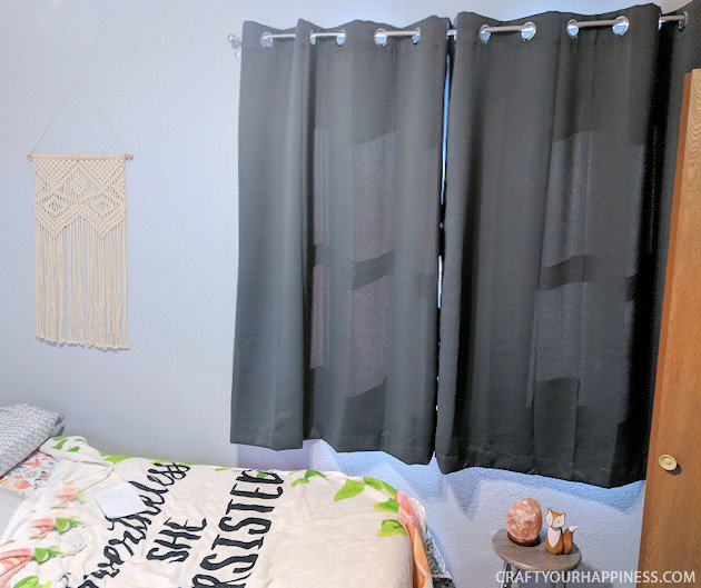 Blackout curtains are great if you sleep best in a dark room. However, room darkening curtains tend to be bland. Not any more! We’ll show you how to do a simple charming and inexpensive blackout curtain makeover using some felt and fabric glue! Free pattern included!