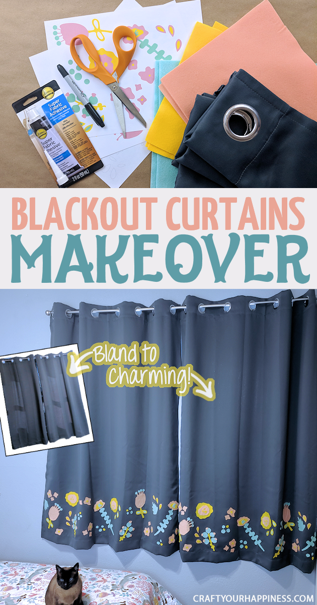 Blackout curtains are great if you sleep best in a dark room. However, room darkening curtains tend to be bland. Not any more! We’ll show you how to do a simple charming and inexpensive blackout curtain makeover using some felt and fabric glue! Free pattern included!