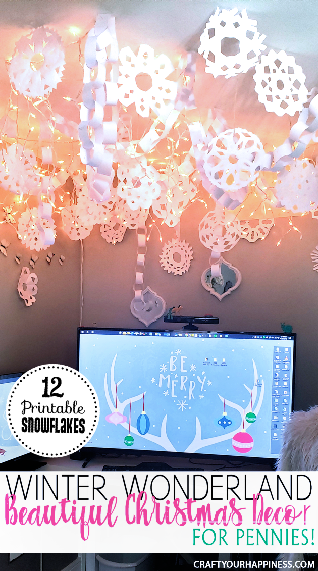 Make a Winter Wonderland for Pennies using only white paper, scissors and a stapler! Twinkle lights optional.  Free Snowflake Patterns included!