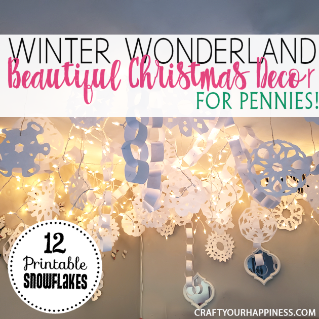 Make a Winter Wonderland for Pennies using only white paper, scissors and a stapler! Twinkle lights optional.  Free Snowflake Patterns included!