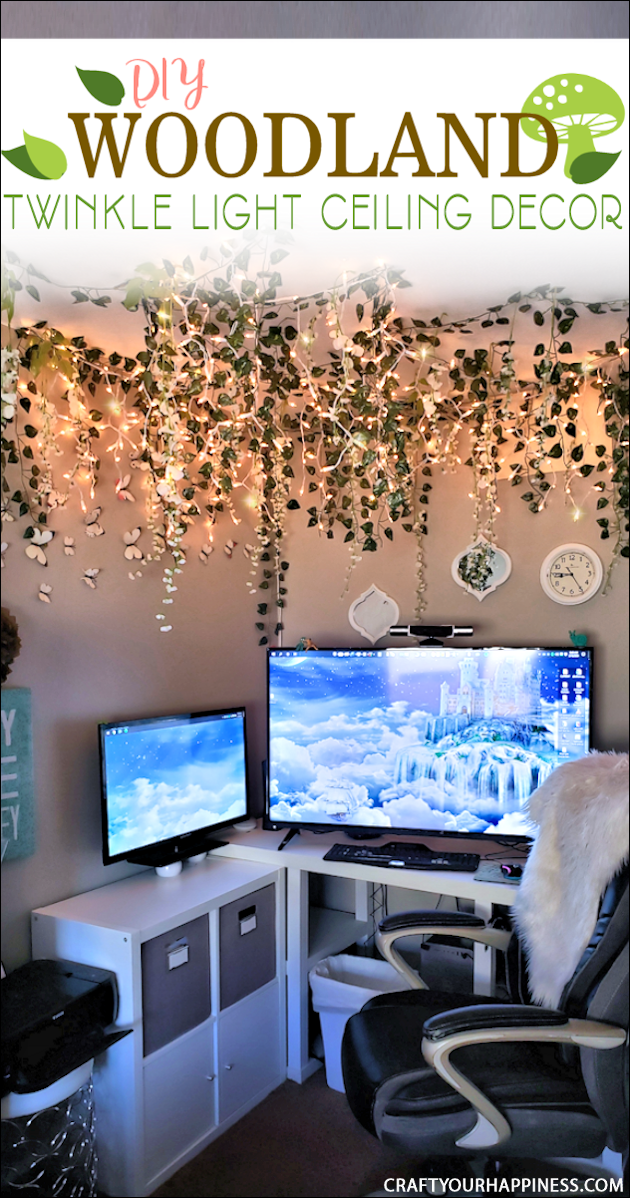 Looking for unusual inexpensive ceiling decorating ideas? Learn how to make our woodland twinkle light ceiling decor project. It's breathtaking!