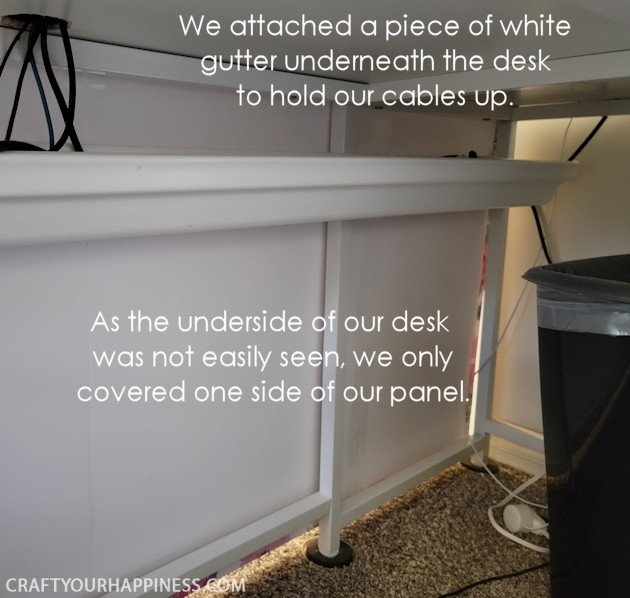 Do you have a desk that sticks out into your room exposing all your cables and cords? We’ve come up with an inexpensive foam board panel to hide your cords and look beautiful at the same time!