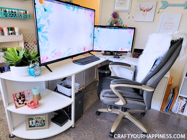 Do you have a desk that sticks out into your room exposing all your cables and cords? We’ve come up with an inexpensive foam board panel to hide your cords and look beautiful at the same time!