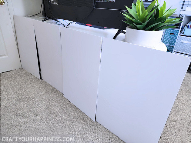 Do you have a desk that sticks out into your room exposing all your cables and cords? We’ve come up with an inexpensive foam board panel to hide your cords and look beautiful at the same time!