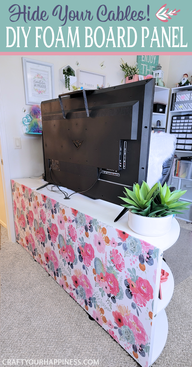 Do you have a desk that sticks out into your room exposing all your cables and cords? We’ve come up with an inexpensive foam board panel to hide your cords and look beautiful at the same time!