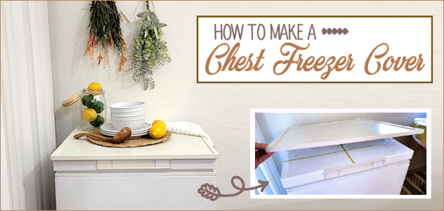 Learn how to make a chest freezer cover that lifts and can be painted or covered any way you like!  (It can also conceal an inventory list.)