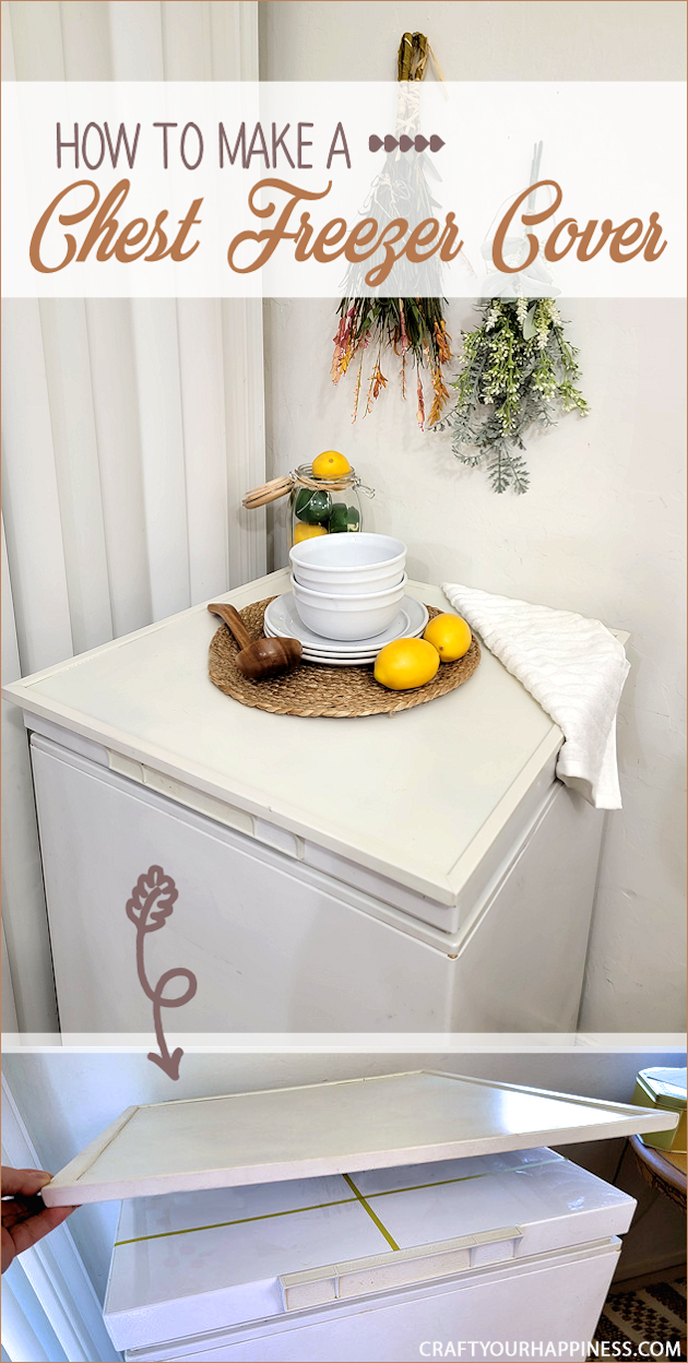 Learn how to make a chest freezer cover that lifts and can be painted or covered any way you like!  (It can also conceal an inventory list.)